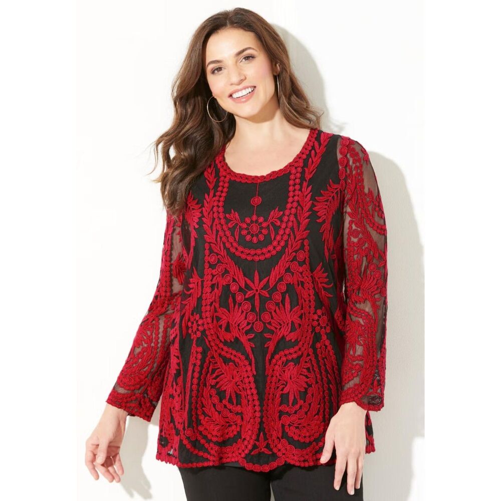 CATHERINES Embroidered Classic Red Mesh Top, NEW! Size 3X